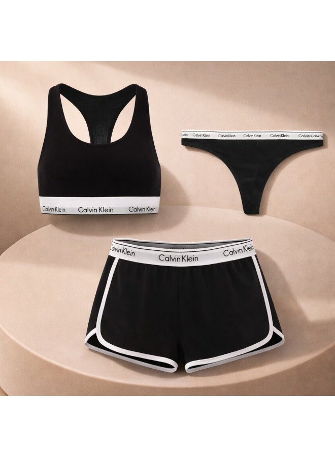 كالفن كلاين بيرفورمانس طقم حريمي رياضي 3 قطع (برا + هوت شورت + بانتي استرينج) – قطن خامة مرنة مريحة – مثالي للرياضة والاستخدام اليومي - مقاس اكس لارج - Image 1